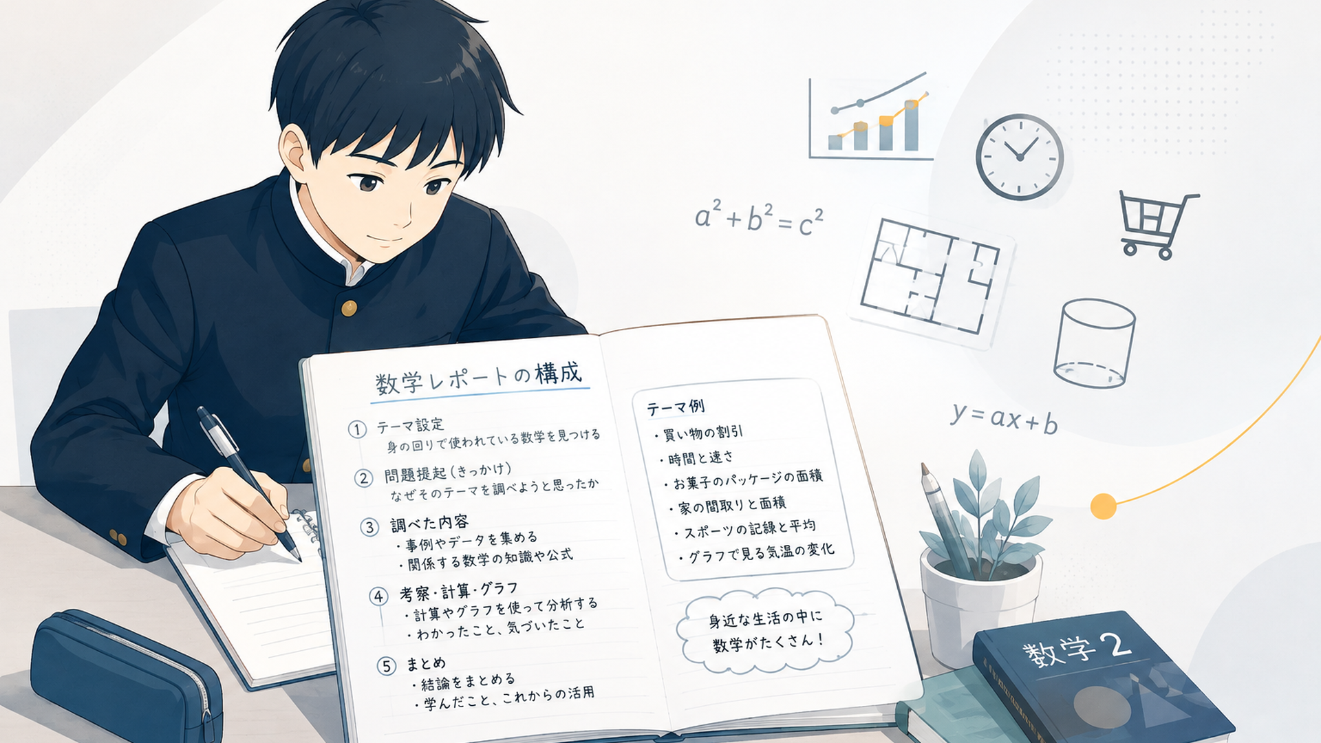 数学レポートの構成をノートに整理する中学生