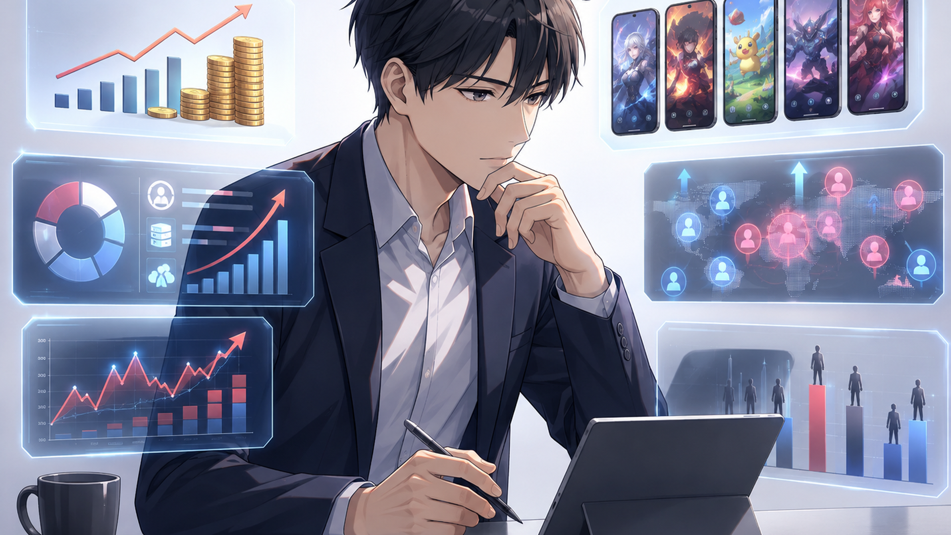 開発費や運営費の増加と競争激化に直面するスマホゲーム業界を分析する会社員