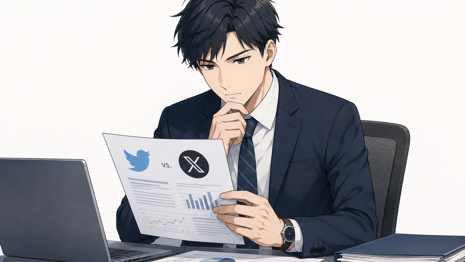 Twitter商標を巡るOperation BluebirdとXの争いを資料で確認する会社員