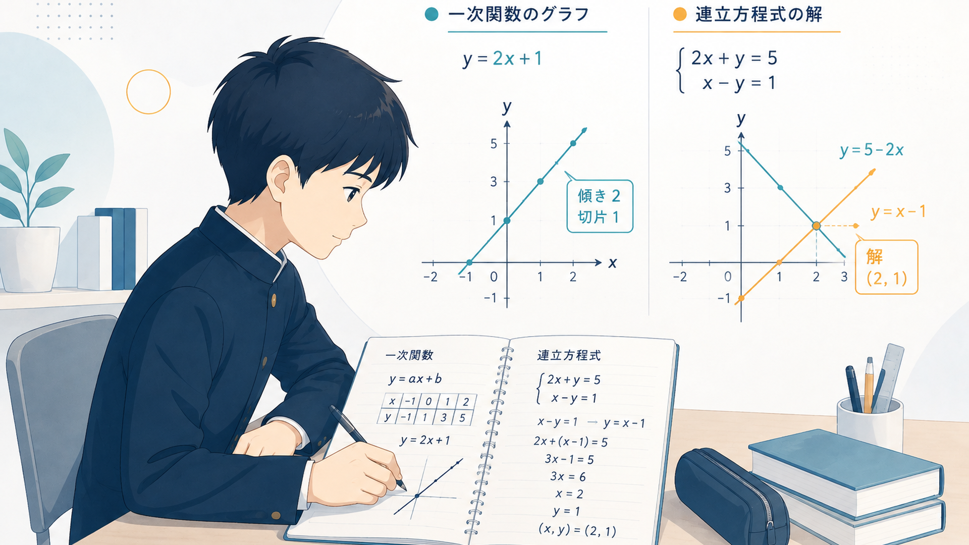 一次関数のグラフと連立方程式を学ぶ中学生