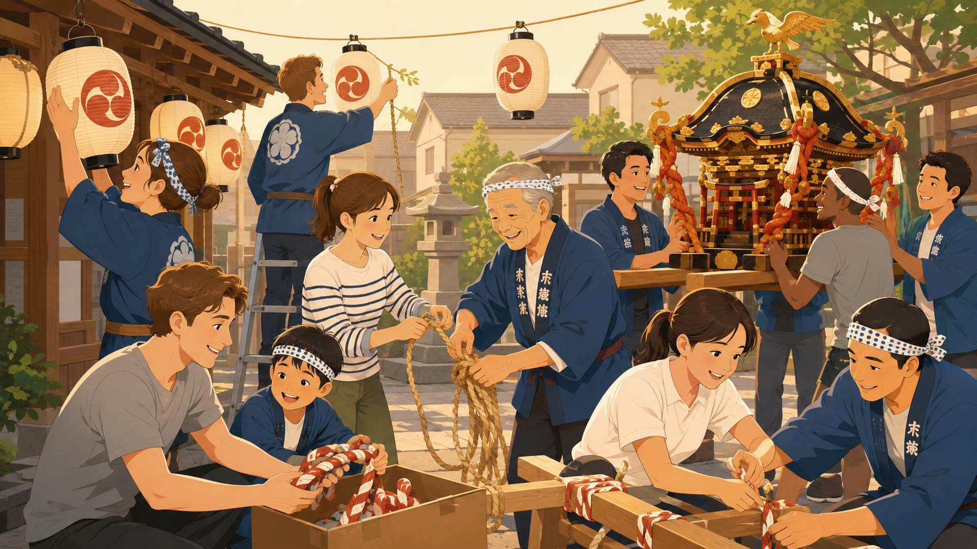 地域外の参加者と住民が協力して祭りを準備する様子