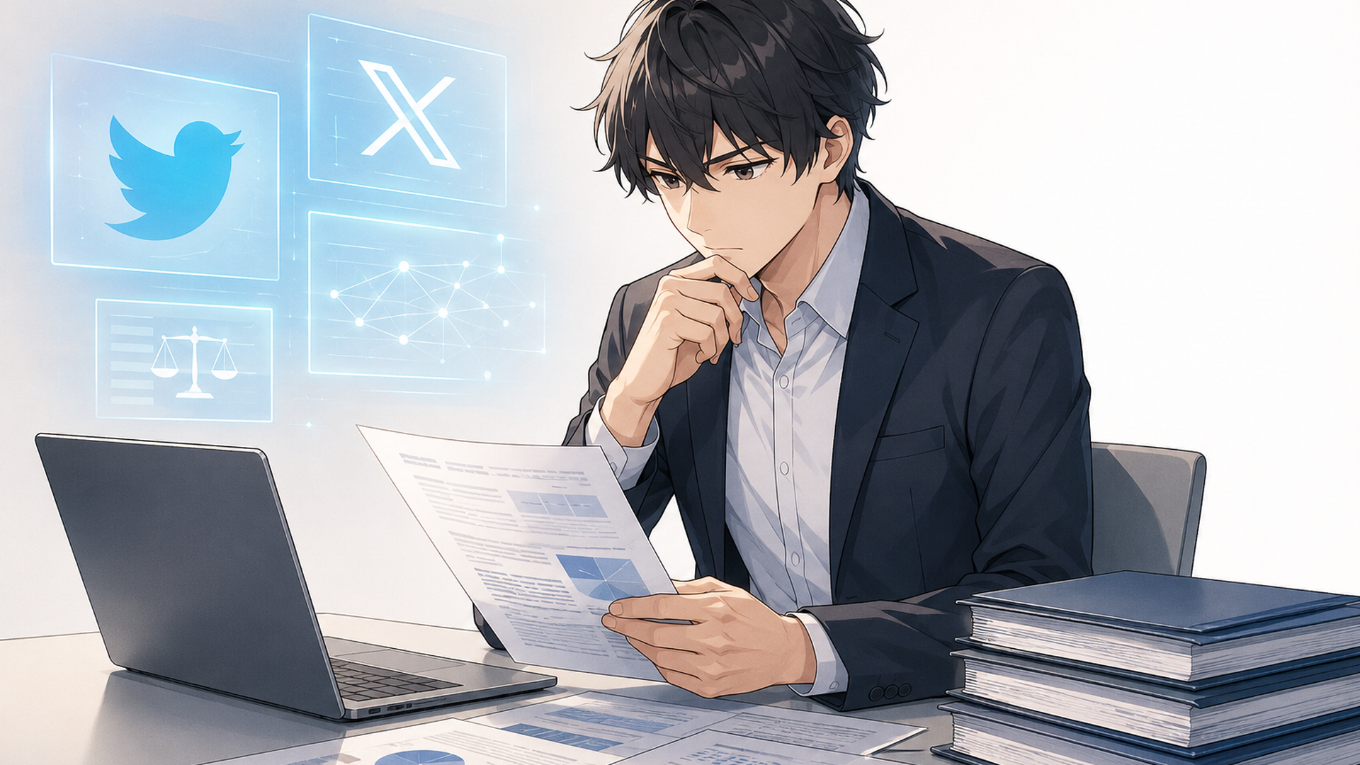 Twitter商標を巡るOperation BluebirdとXの争いを資料で確認する会社員