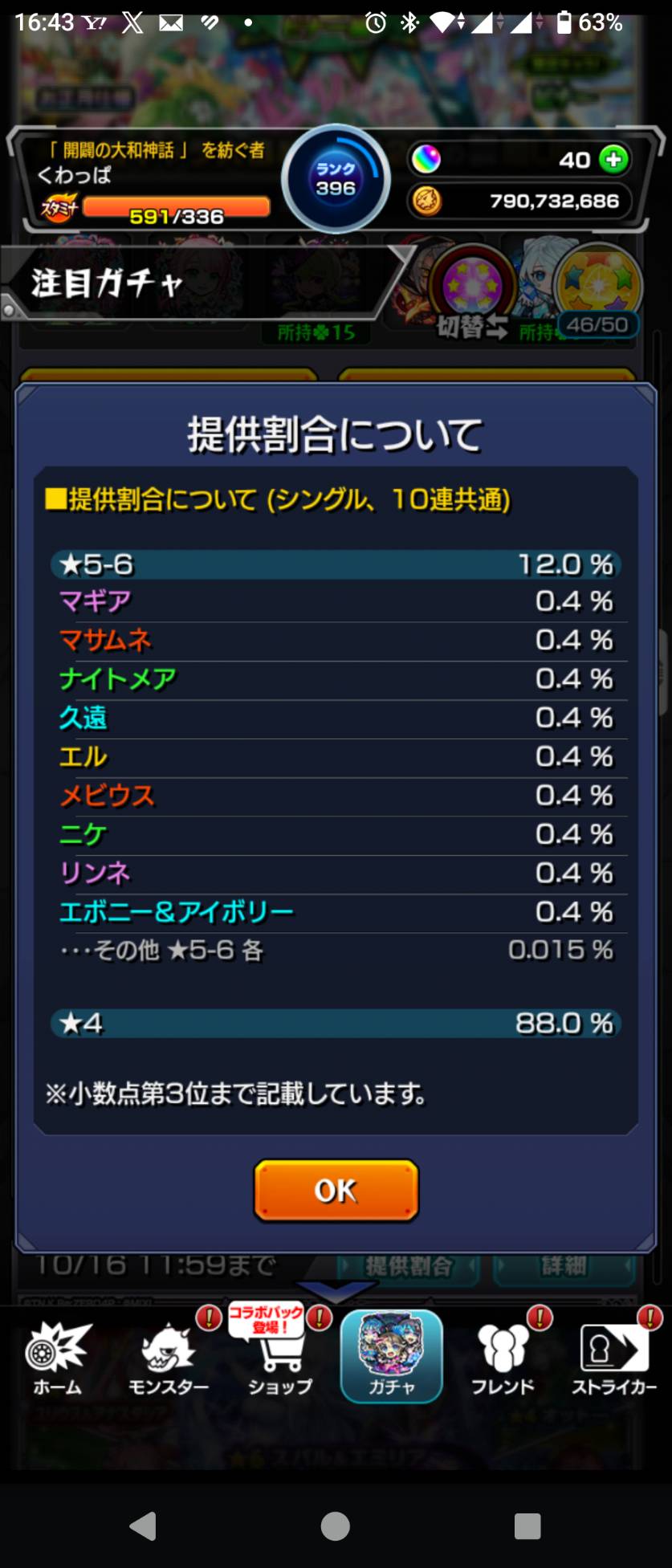 超獣神祭の提供割合。星5から6が12パーセント、限定9体は各0.4パーセント