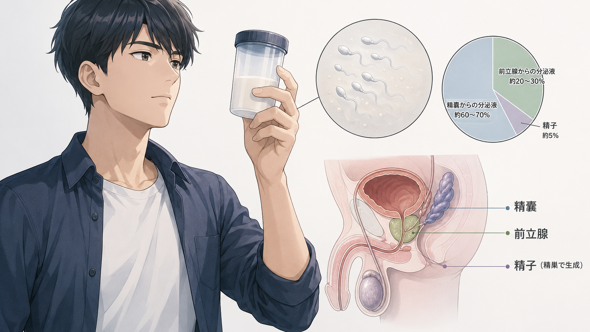 精子と精液の違いや精嚢・前立腺からの分泌液の割合を確認する男性
