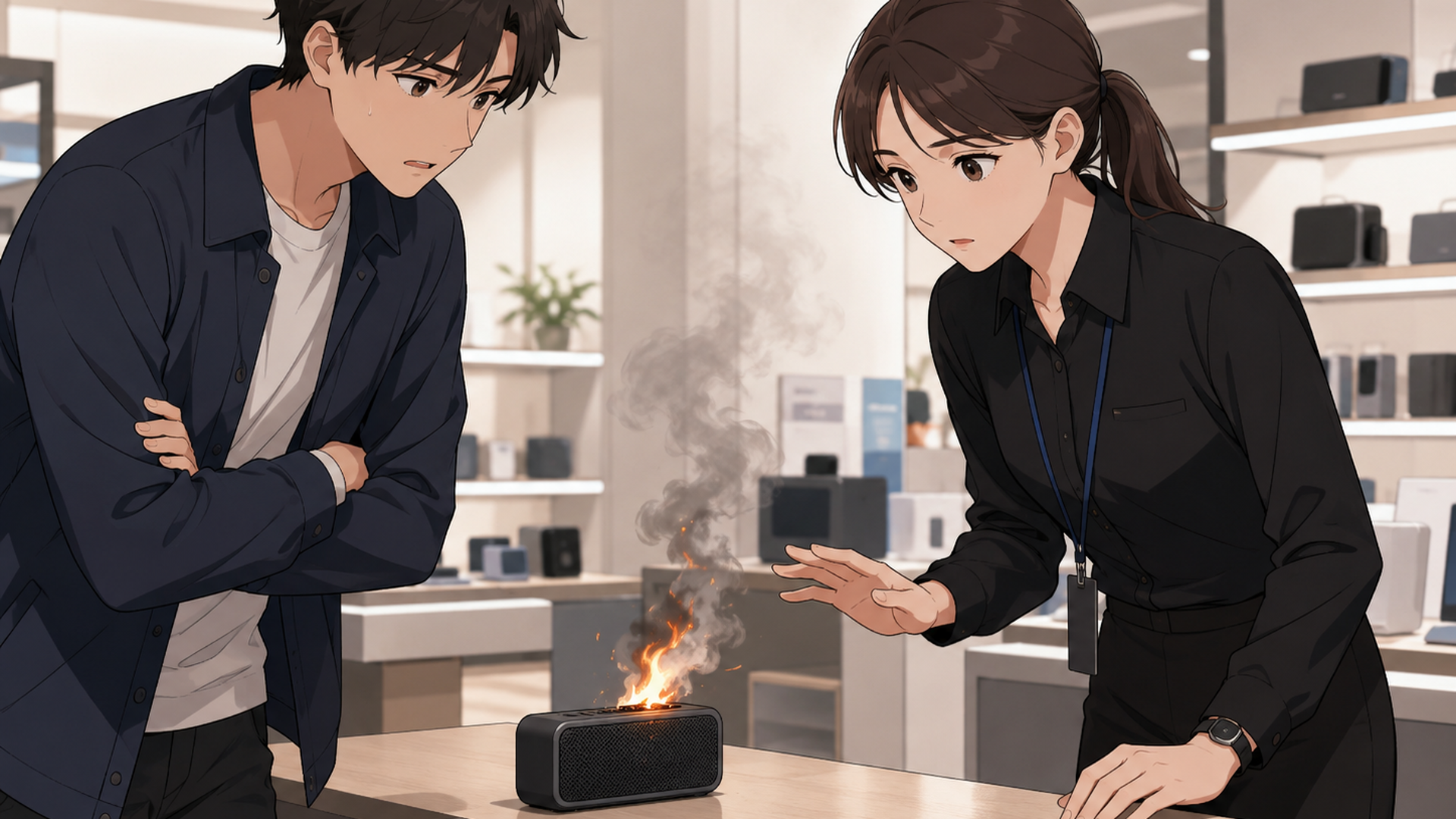 店舗でSoundcore 3から異音と火災が発生した状況を確認する様子