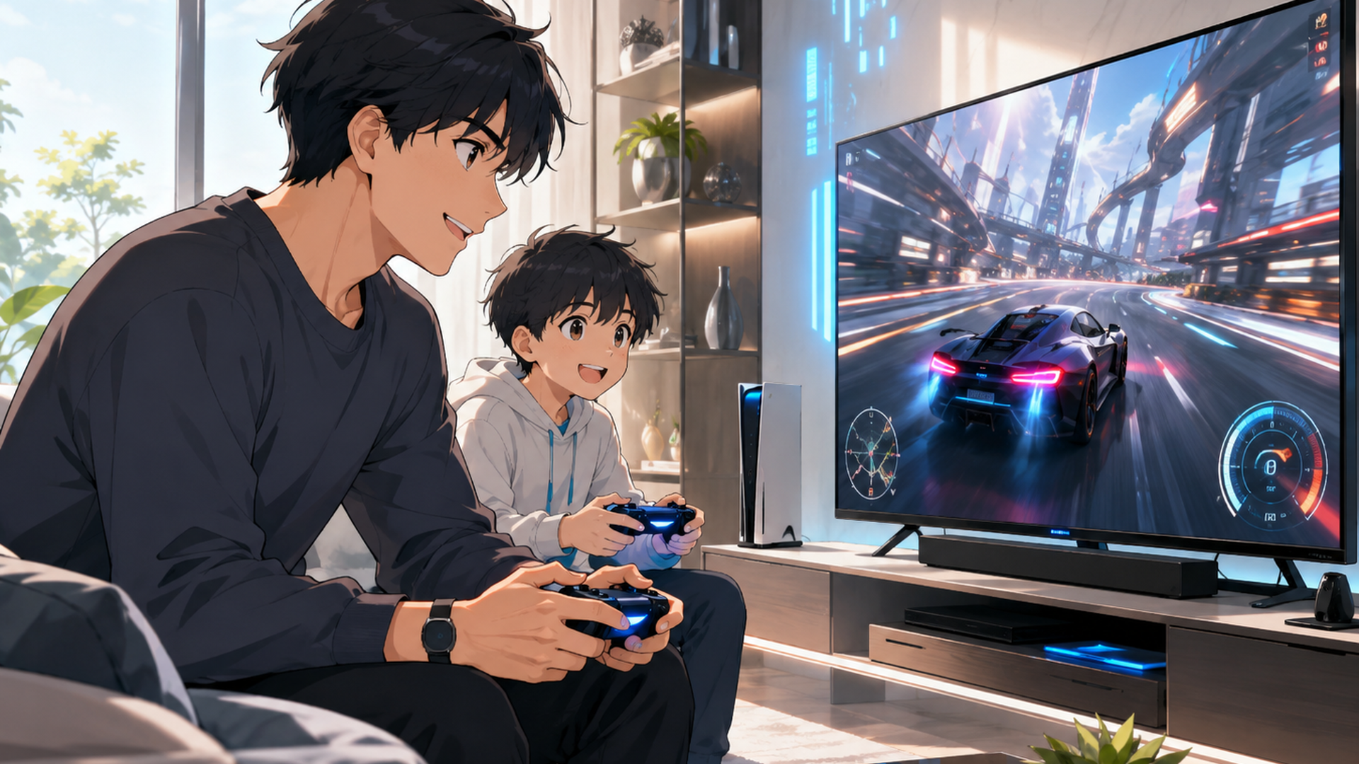 リビングで親子が架空のレーシングゲームを一緒に楽しむ場面