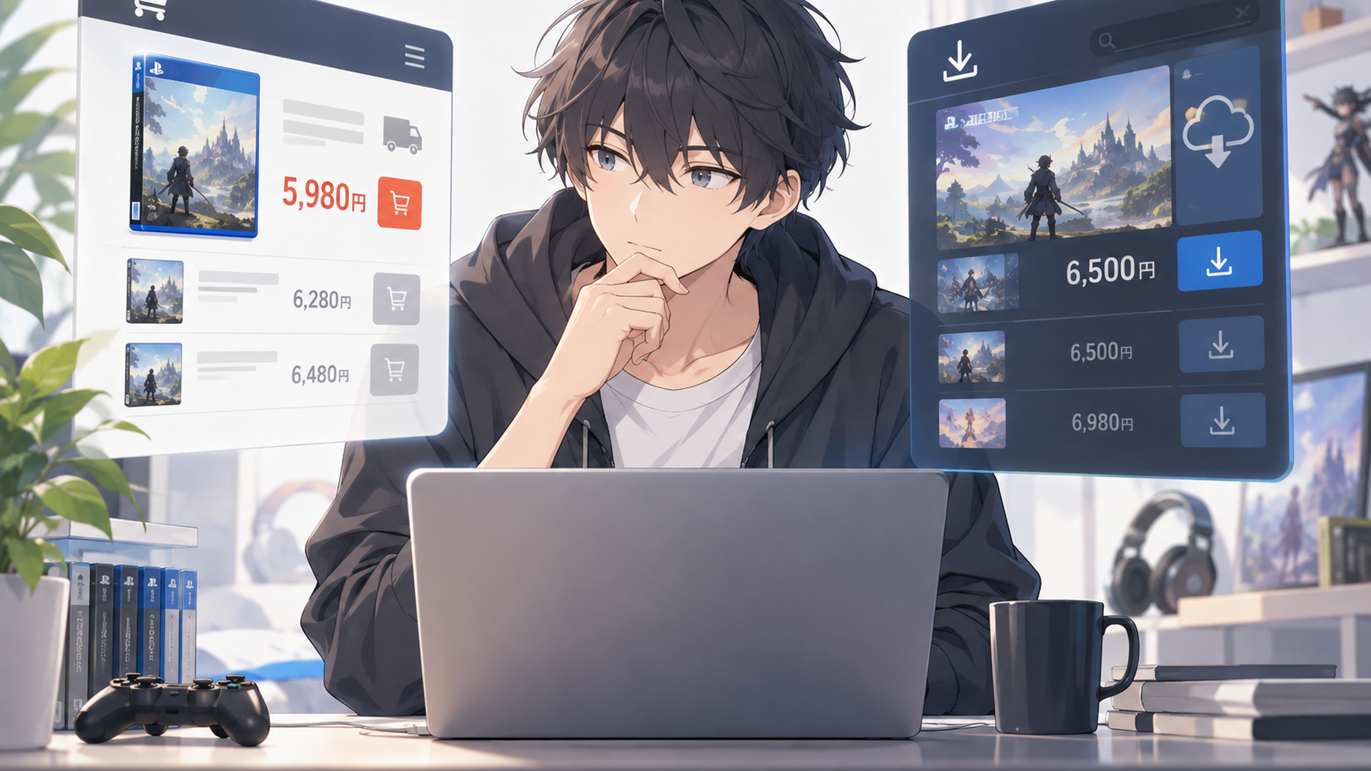 ゲーム通販サイトとダウンロードストアの価格を比較する人物