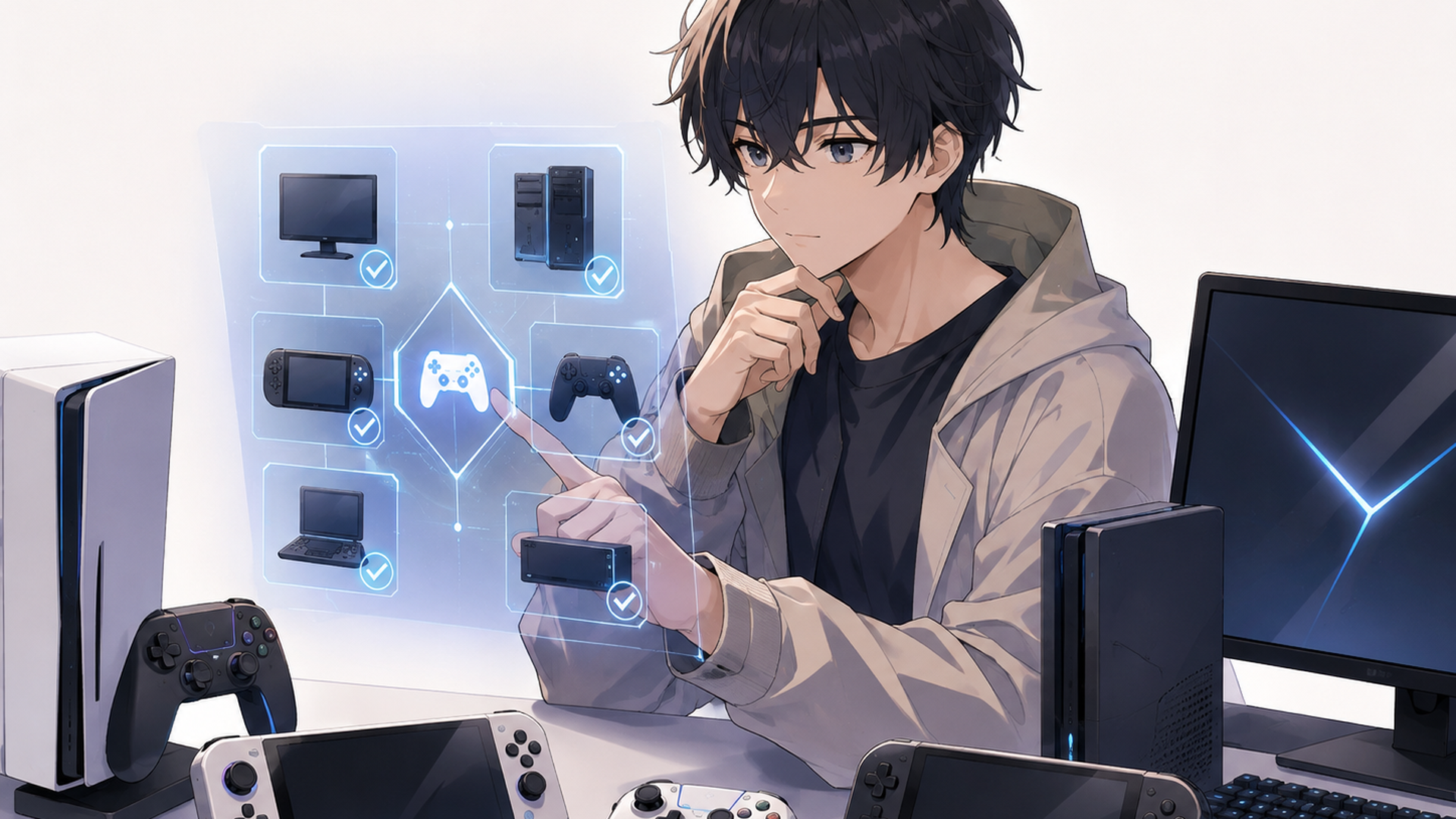 複数のゲーム機とPCの対応機種を確認する架空の人物