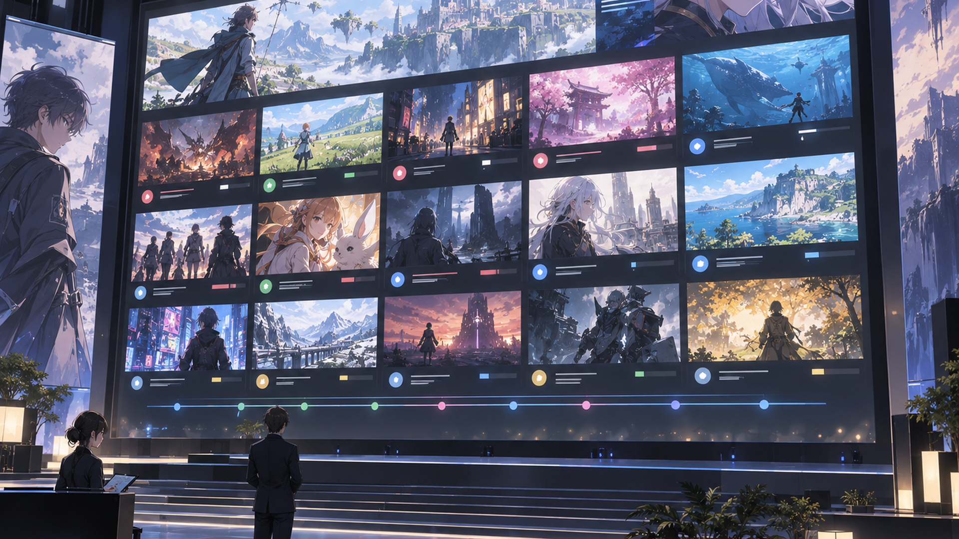 大型モニターに多数の架空ゲームタイトル情報が一覧表示された発表会場