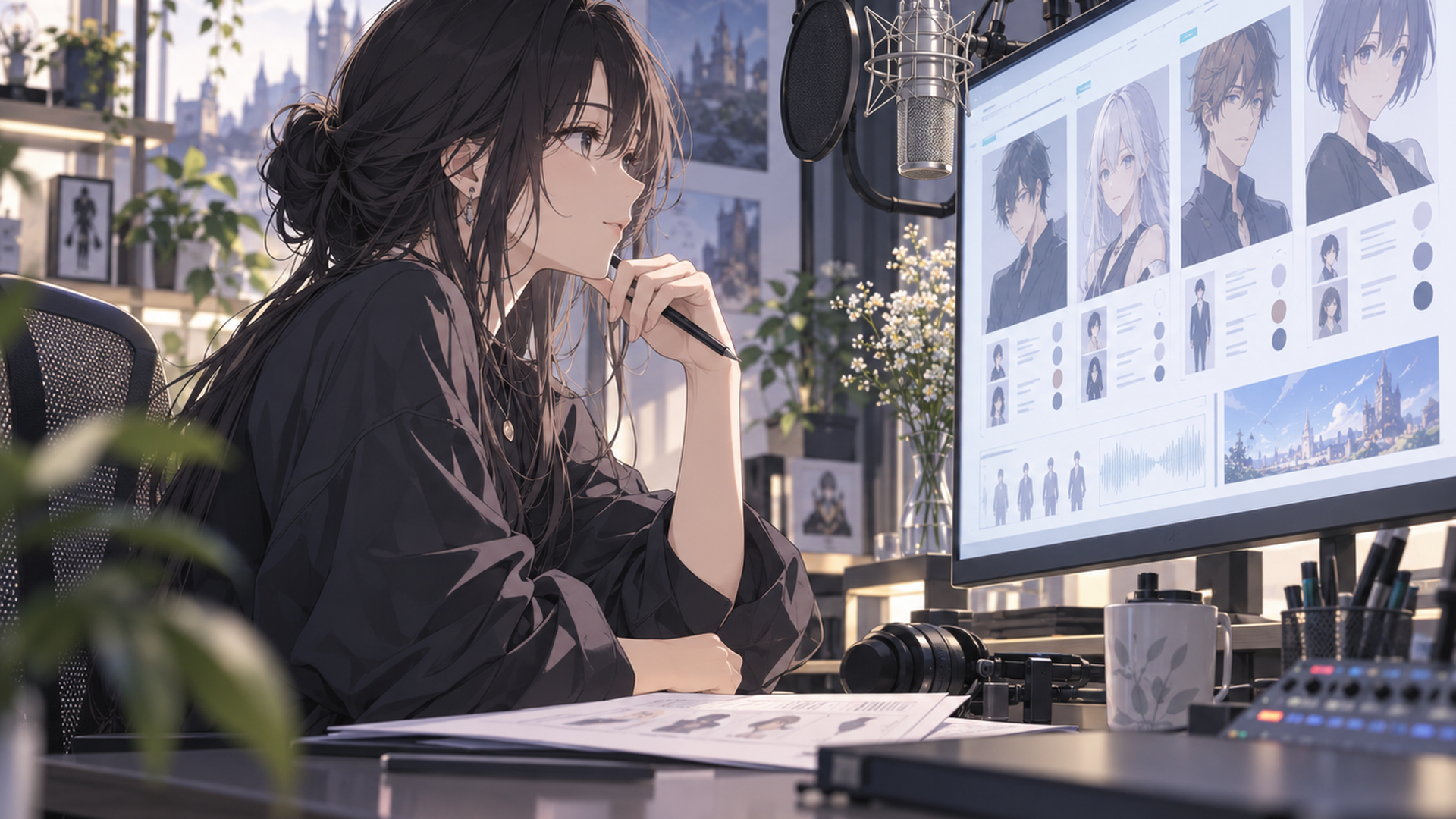 ゲームのキャスト情報をモニターで確認する人物と収録用マイク