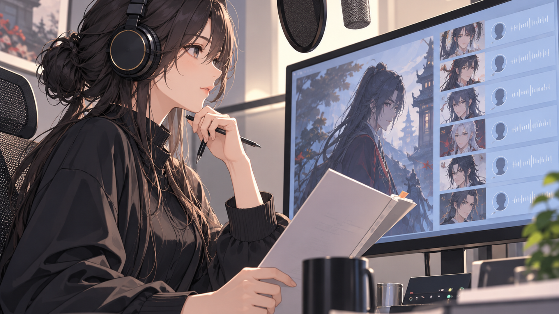 架空の時代劇ゲームのキャスト一覧をモニターで確認する人物と収録用マイク