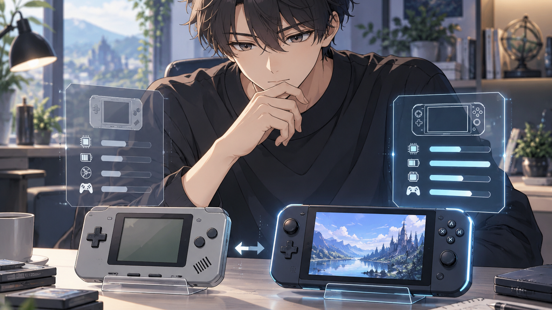 新旧2種類の携帯ゲーム機を並べて互換性や違いを確認するゲームプレイヤー