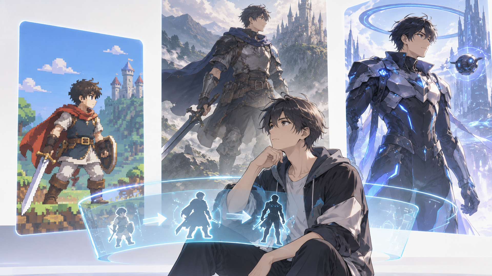 3世代のゲーム世界とオリジナル戦士アバターの進化を比較する場面