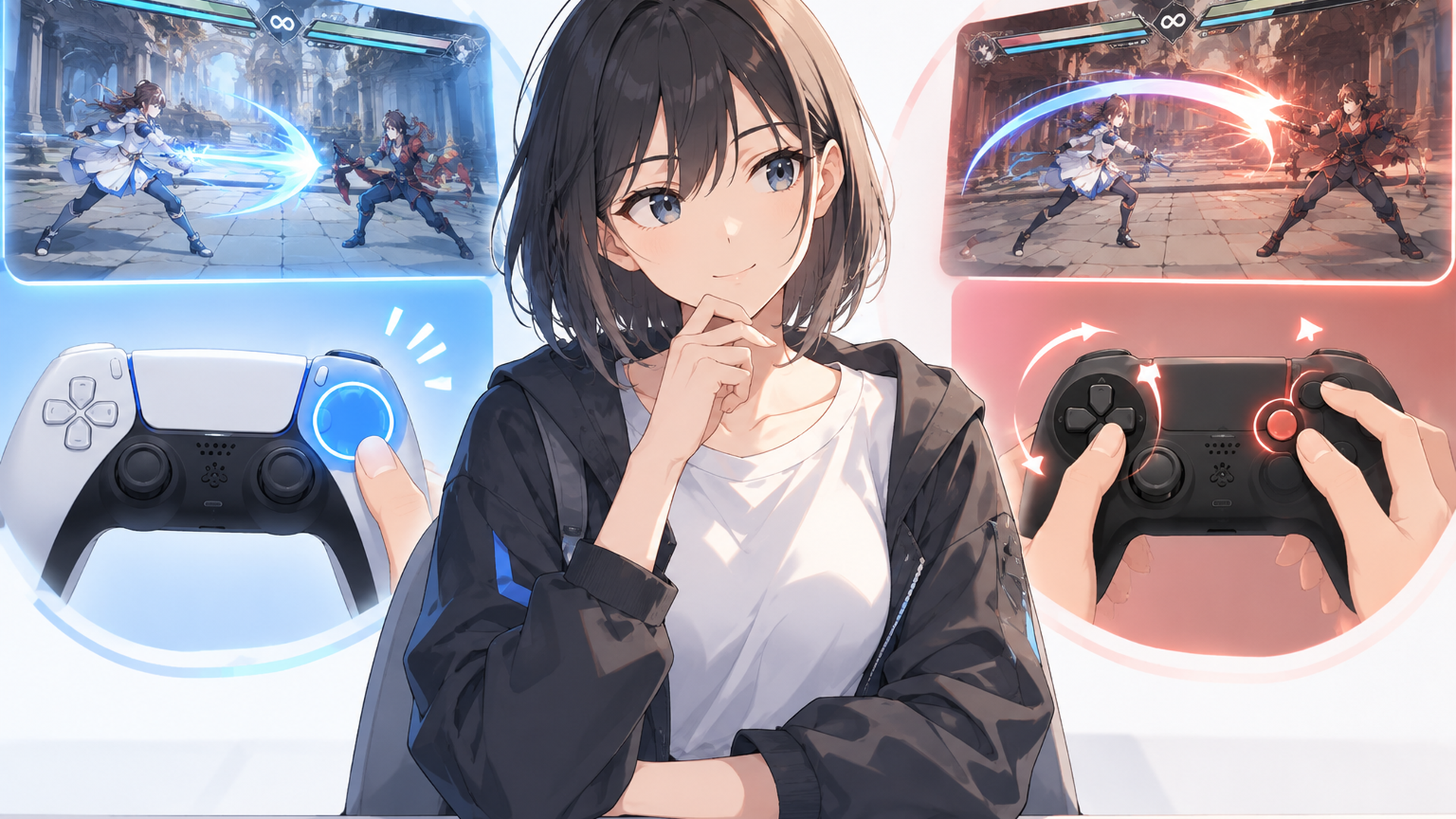 オリジナルの対戦格闘ゲームで簡単操作と従来操作をコントローラーで比較する人物
