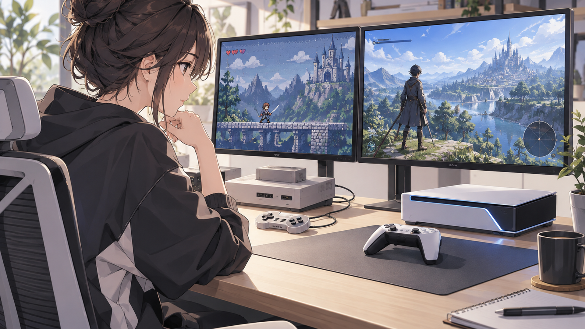 新旧2種類のゲーム機を画面で比較する人物