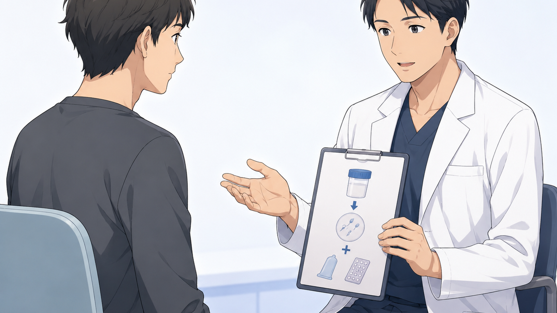 パイプカット後の術後精液検査と避妊継続の必要性を医師から説明される男性