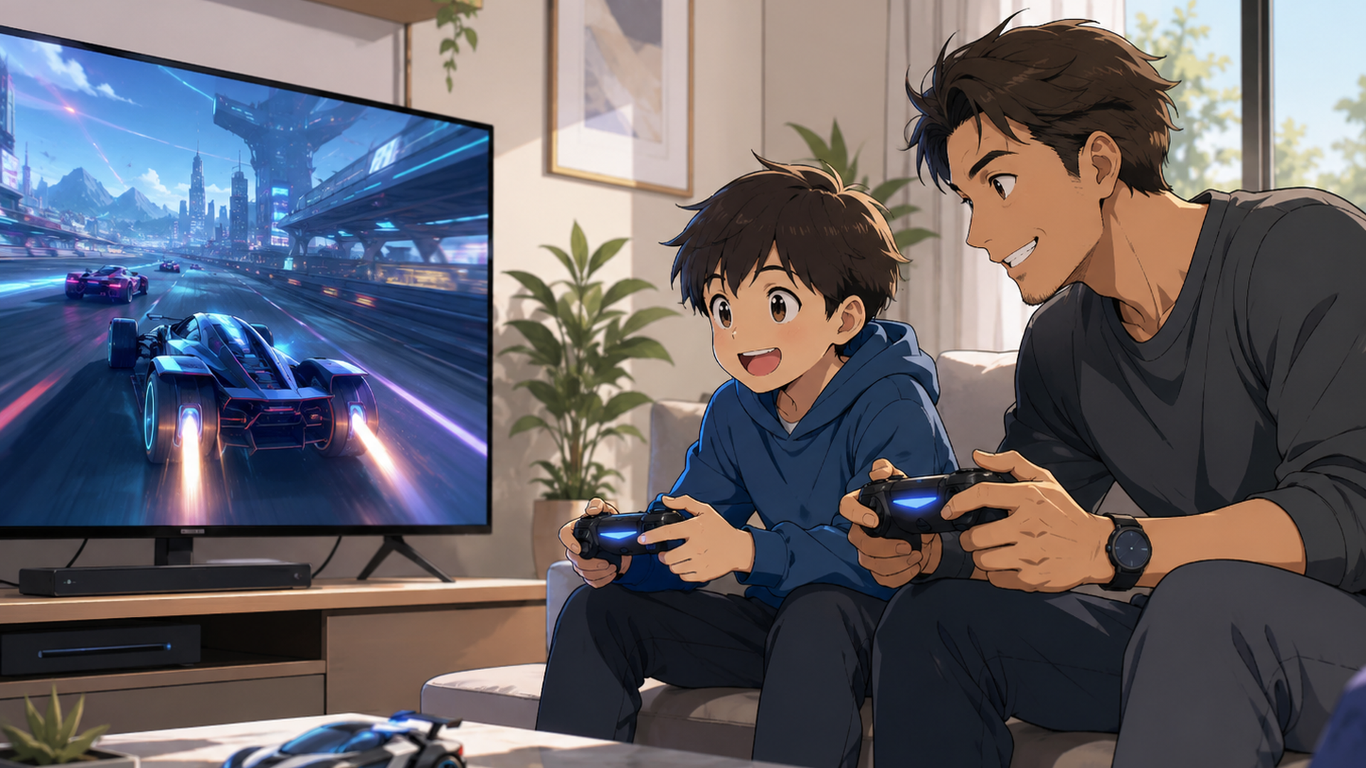 リビングで親子が架空のレーシングゲームを一緒に楽しむ場面