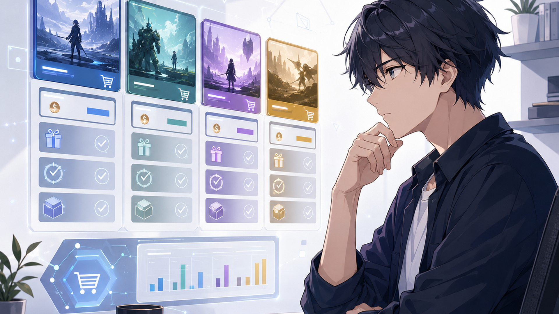 複数のゲーム通販サイトとダウンロードストアの価格や特典を比較する人物