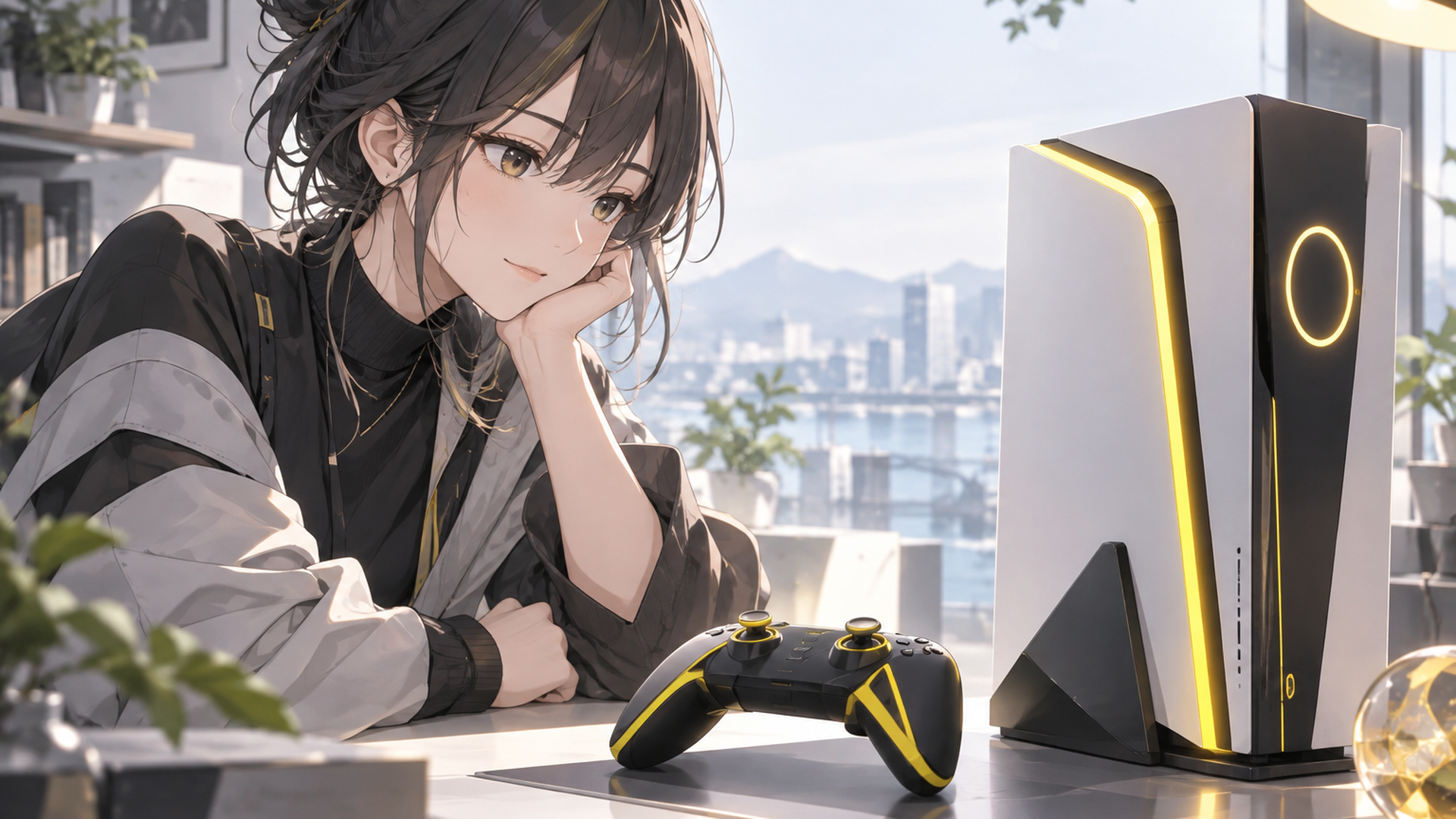 黄色をアクセントにした架空のゲーム機とコントローラーを眺める人物