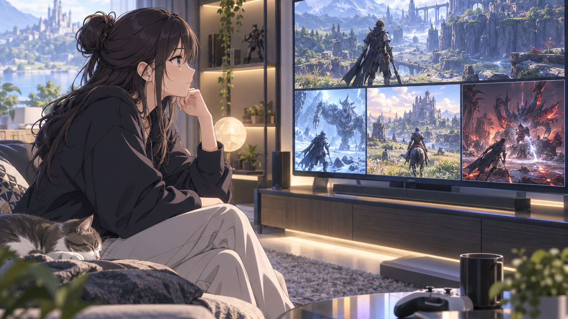 大型テレビで架空のアクションゲームのアップデート映像を見比べるゲームファン