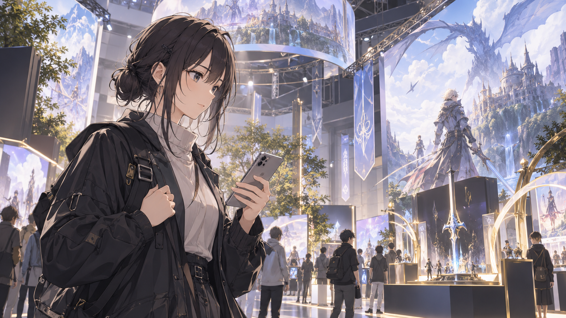 新作RPGの世界観展示が並ぶゲームイベント会場を見ながらスマートフォンを確認する来場者