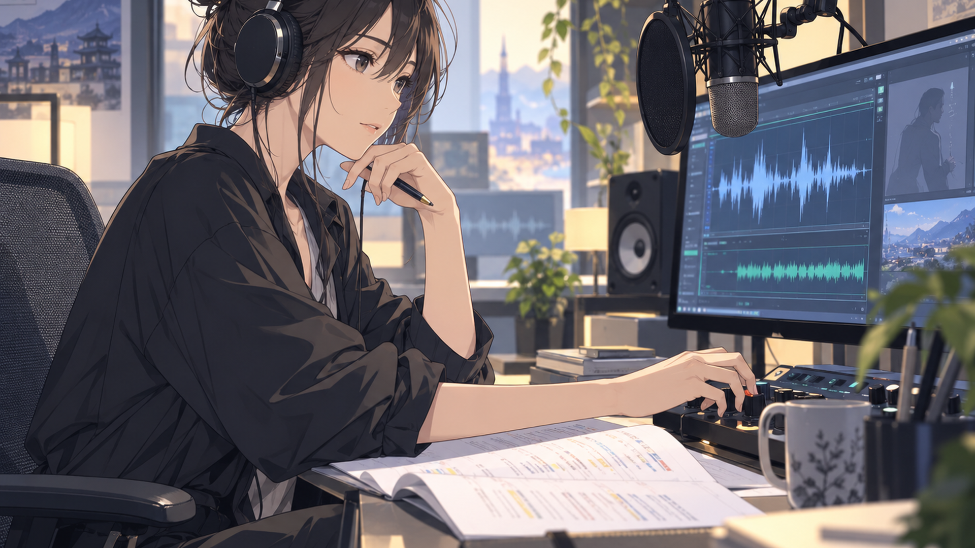 方言の台本と音声波形を確認しながら収録を調整するローカライズ担当者