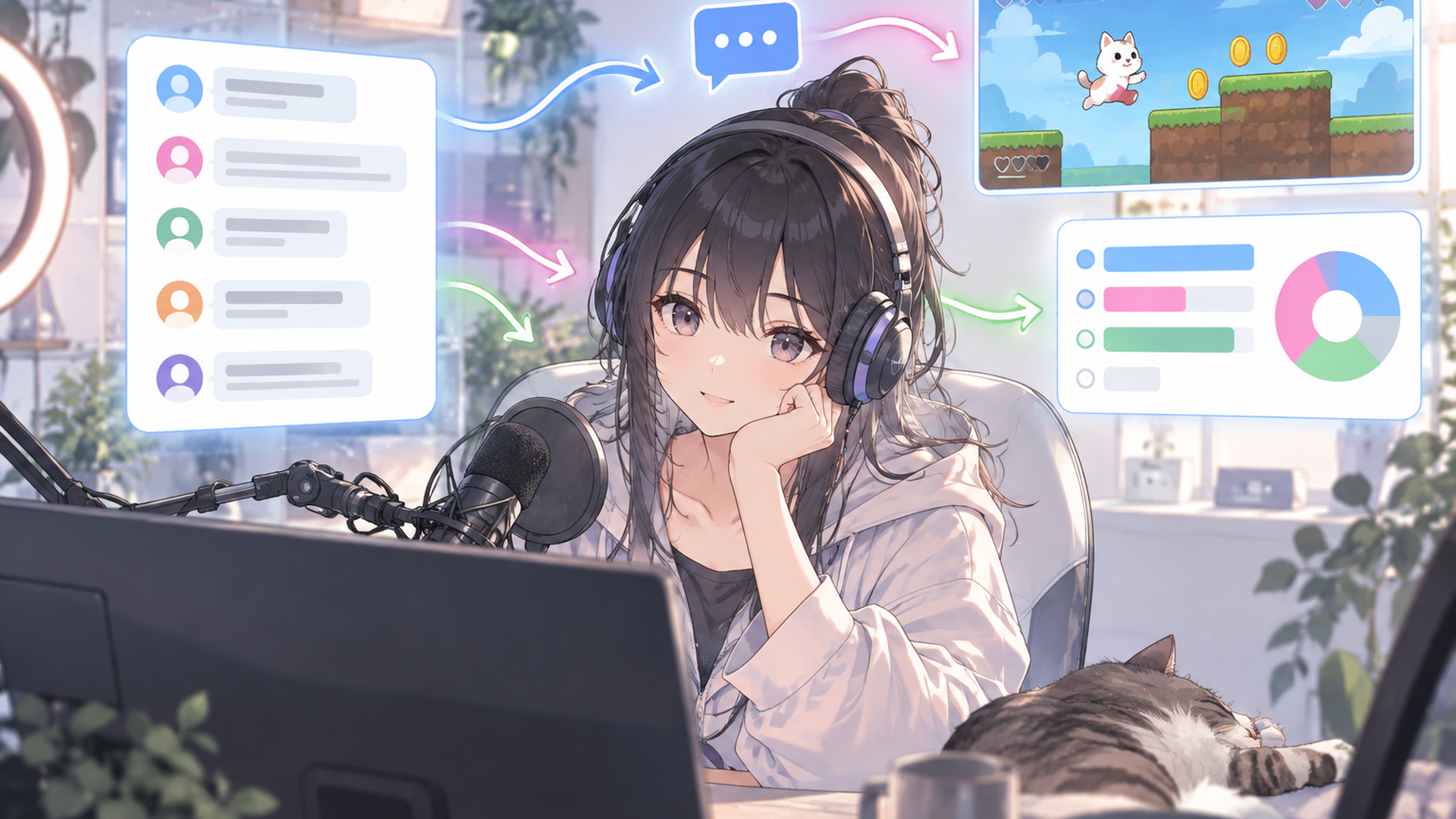 自宅配信で視聴者コメントとミニゲームやアンケートが連動する概念図