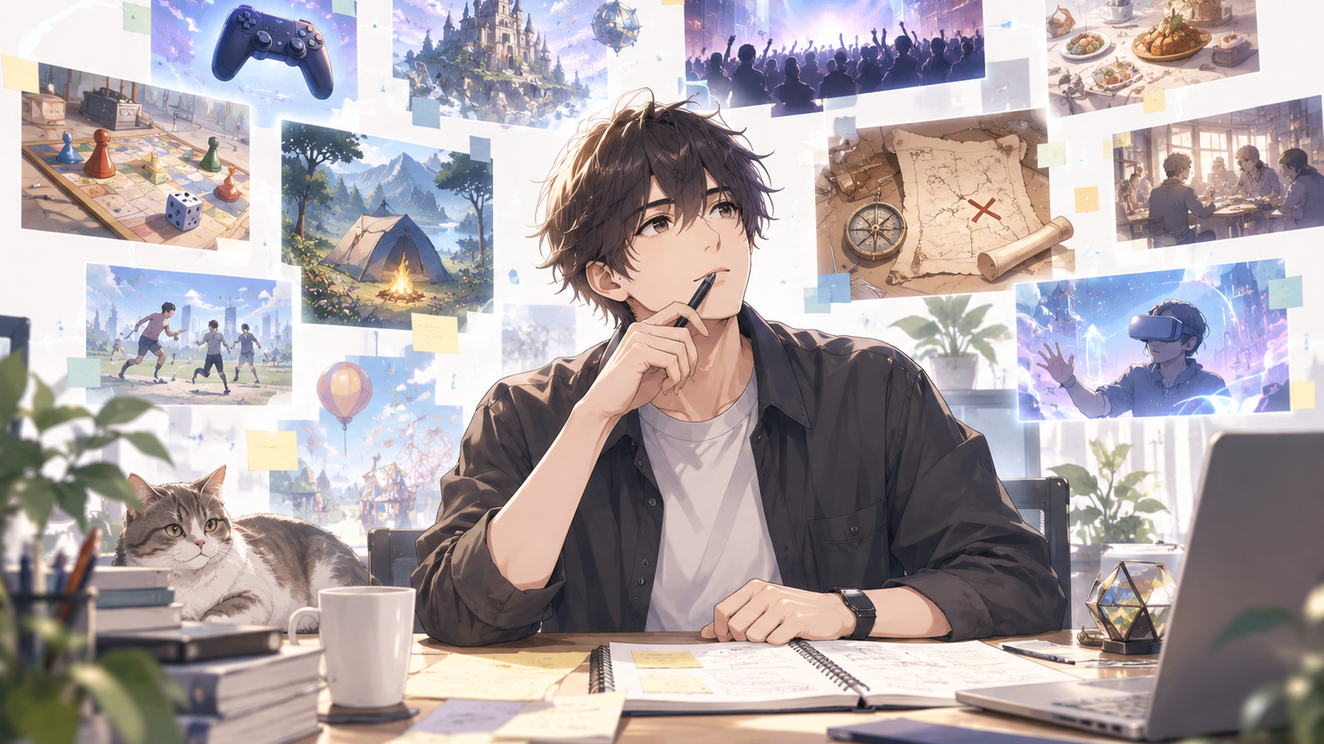 ゲームや企画やイベントなど多様な遊びのアイデアを並べて考える人物