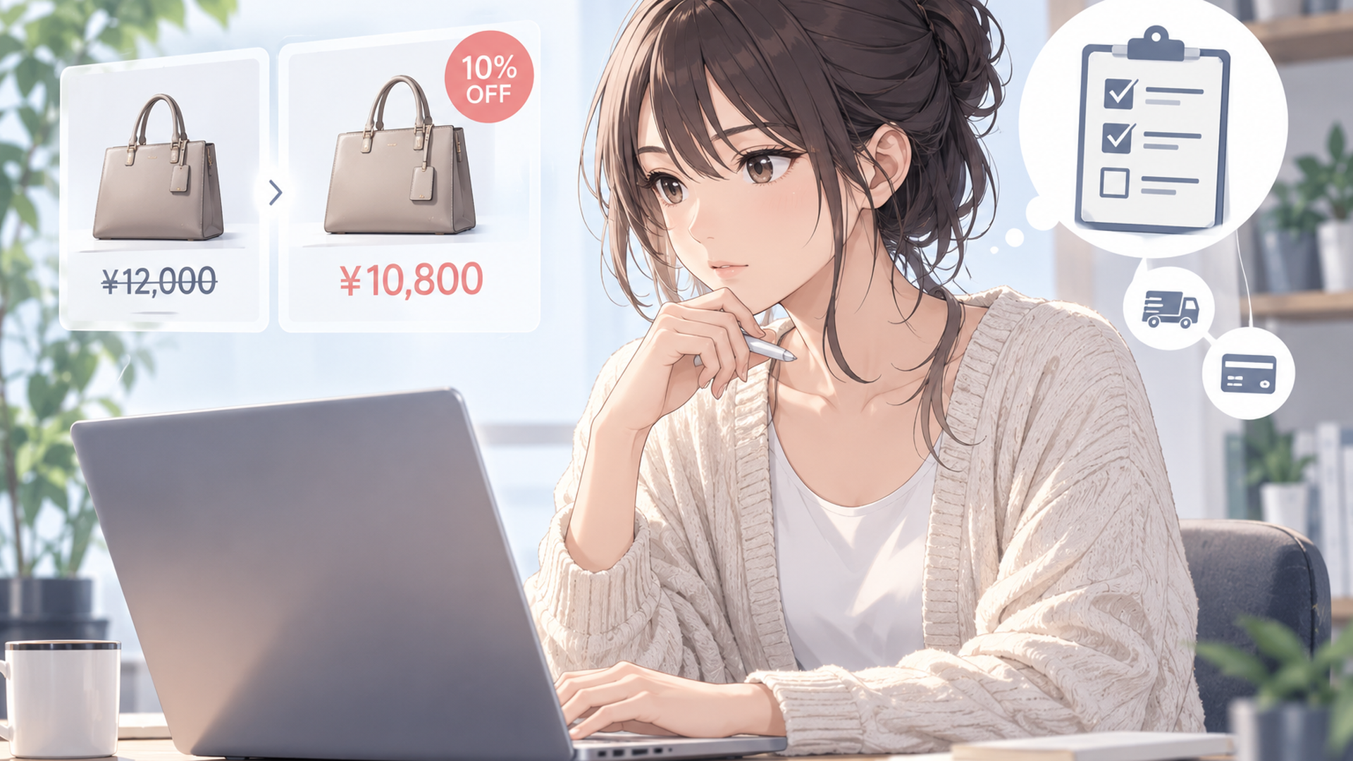 通常価格と10％割引後の価格を見比べながら購入条件を確認する人物