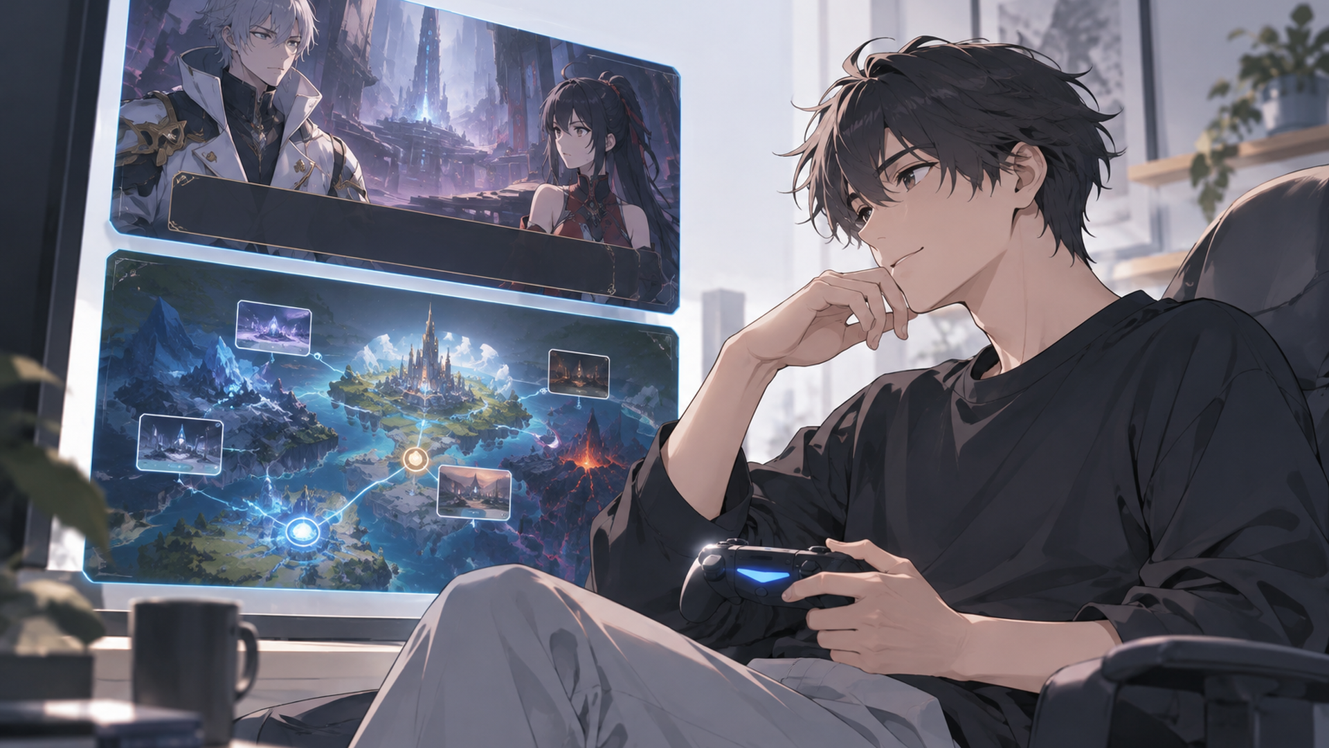 オリジナルの対戦格闘ゲームの物語モードで会話とマップ画面を楽しむ人物