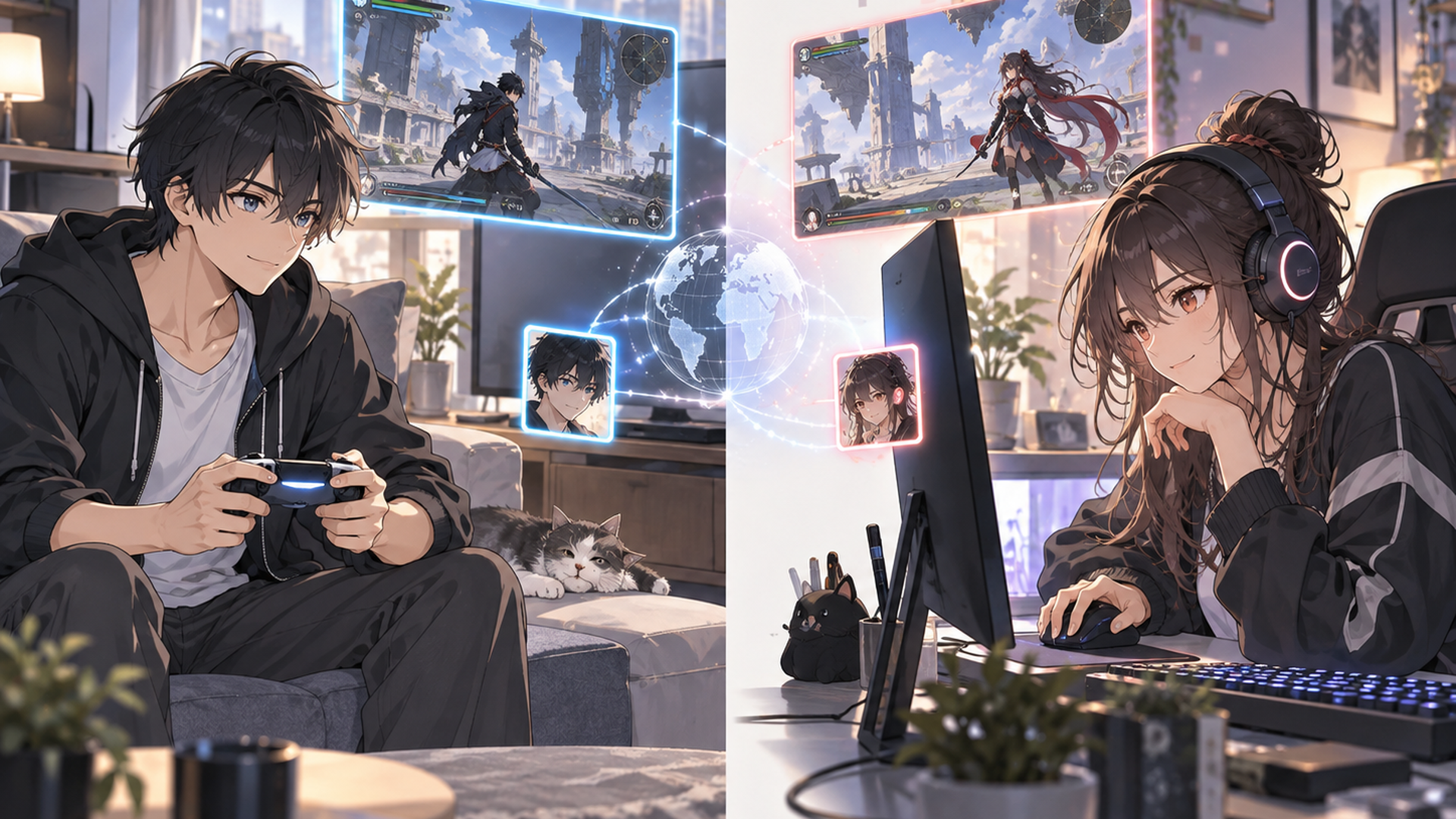 異なるゲーム機とPCでオンライン対戦する二人