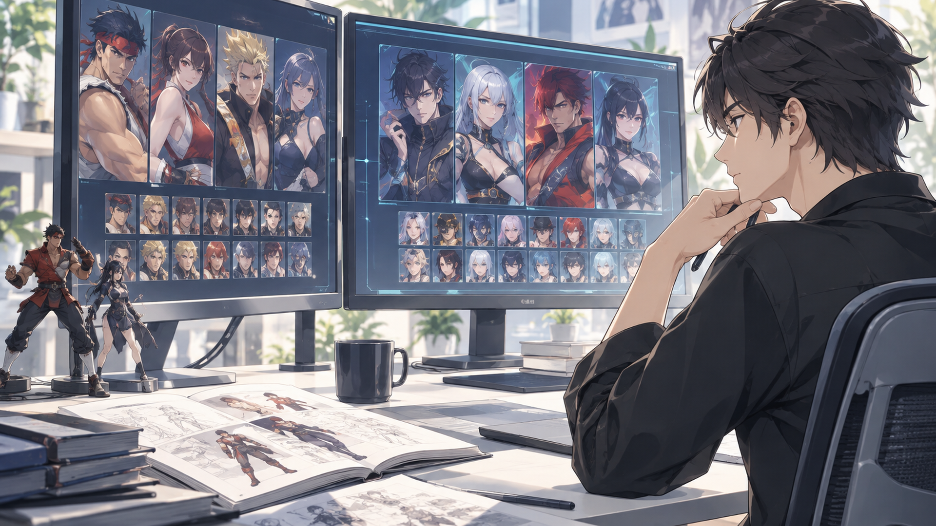新旧のオリジナル対戦格闘ゲームのキャラクター構成を画面で比較する人物