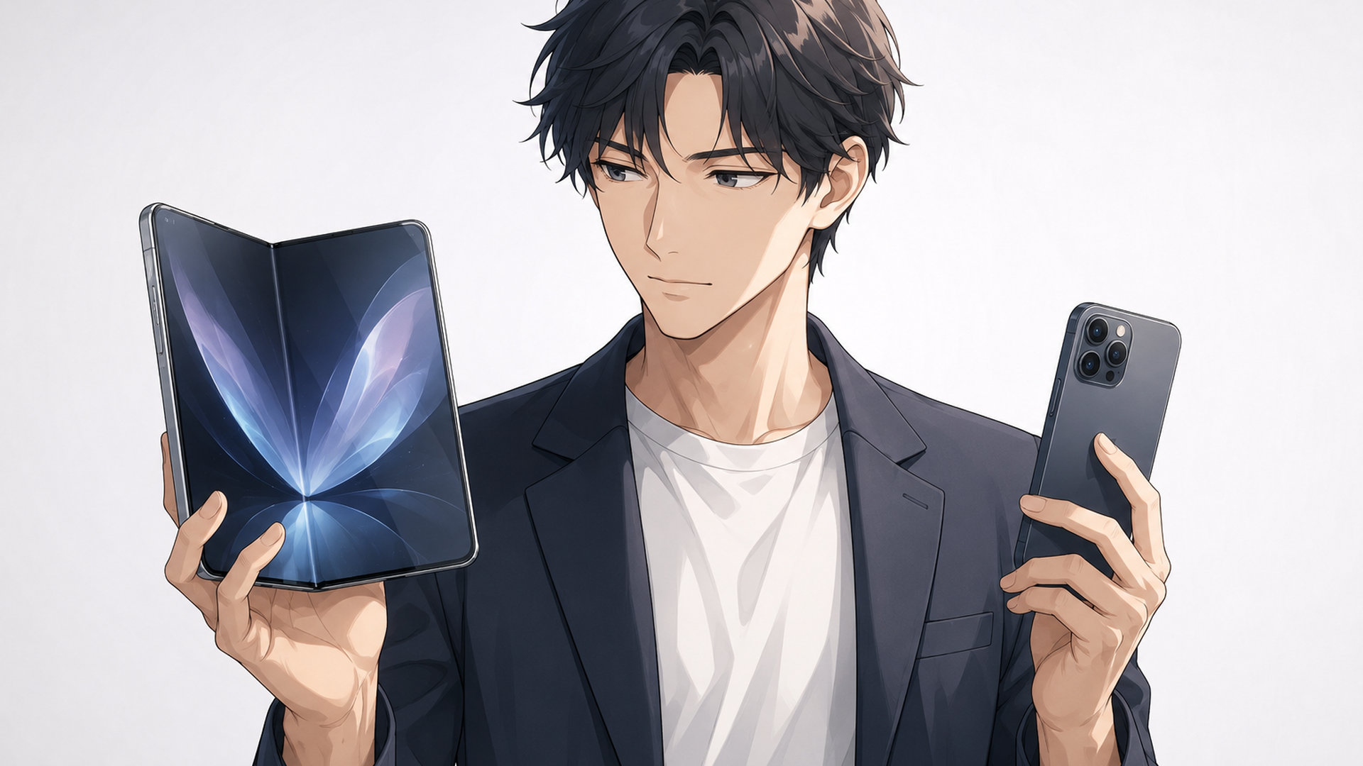 本のように開く折りたたみiPhone Ultraと通常のiPhoneを比較する人物