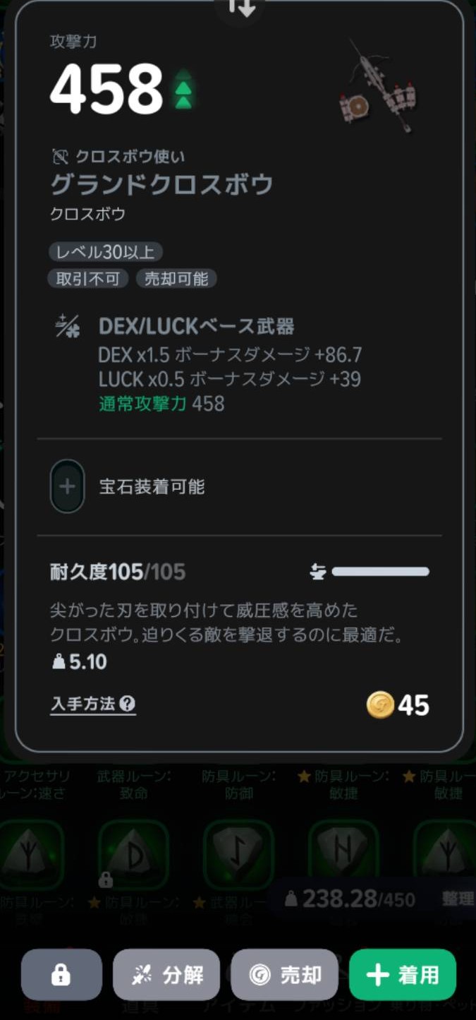 グランドクロスボウの装備条件と「着用」ボタン