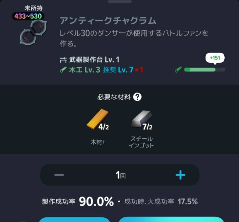 アンティークチャクラムの木工Lv3・素材・推奨Lv7