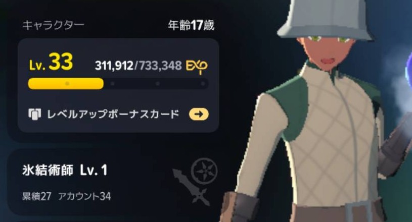 キャラクターLv33・氷結術師Lv1のプロフィール