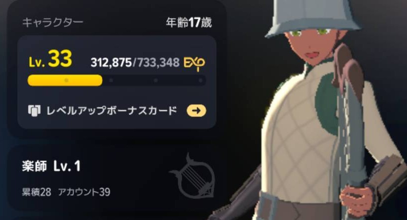 キャラクターLv33・楽師Lv1のプロフィール