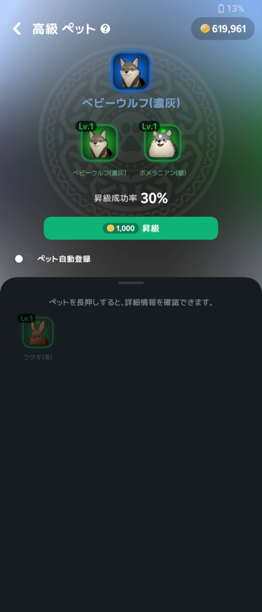 高級ペットの昇級画面。筆者の選択例では成功率30%、費用1,000ゴールドでした。