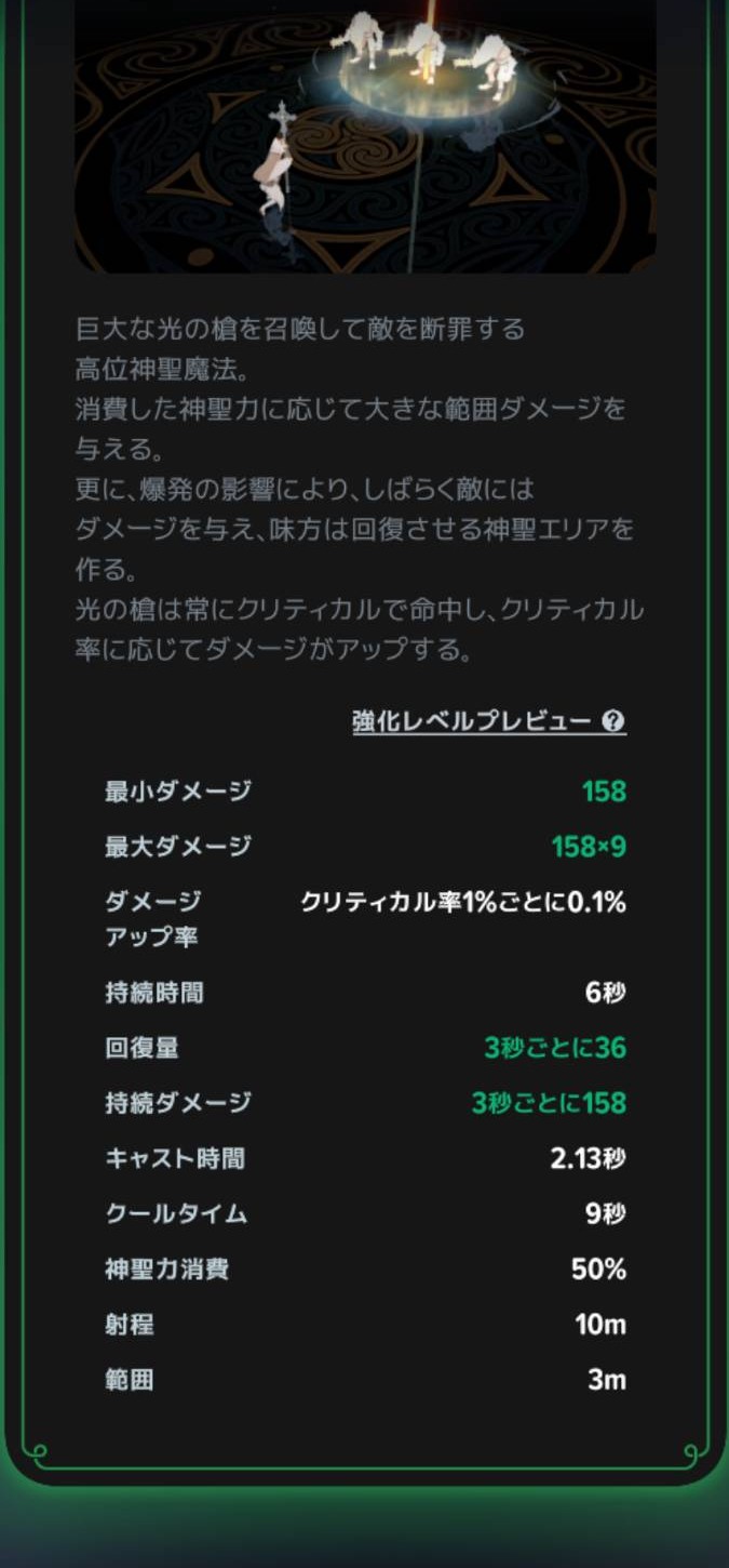 ホーリースピアの消費・キャスト時間の説明