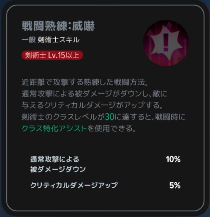 戦闘熟練:威嚇|剣術士Lv15以上の説明