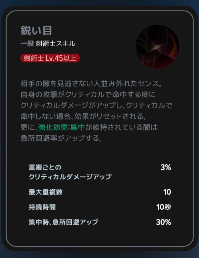 鋭い目|剣術士Lv45以上の説明