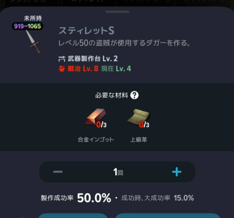 スティレットSの材料と製作条件