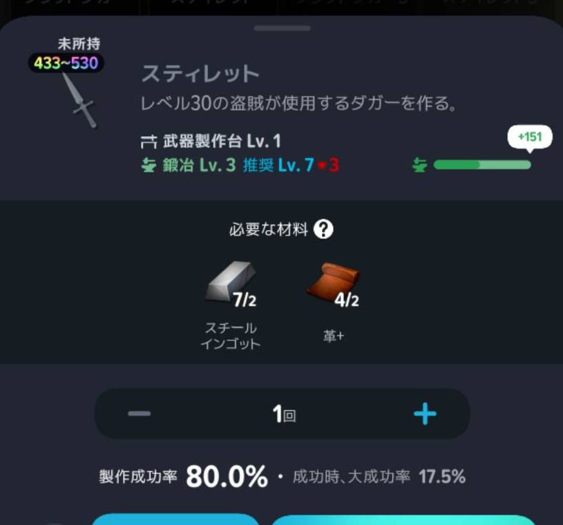 スティレットの材料・必要な鍛冶Lv3・推奨Lv7