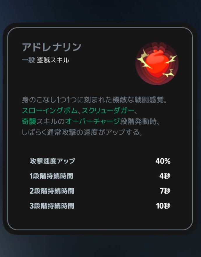 アドレナリンとオーバーチャージ段階ごとの持続時間