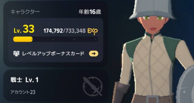 キャラクターレベル33と戦士Lv1の表示
