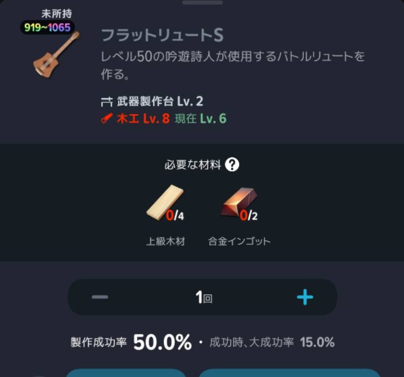 フラットリュートSの装備レベル・製作台・木工・材料