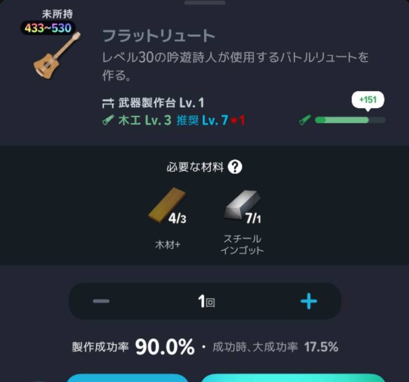 フラットリュートの装備レベル・製作台・木工・材料