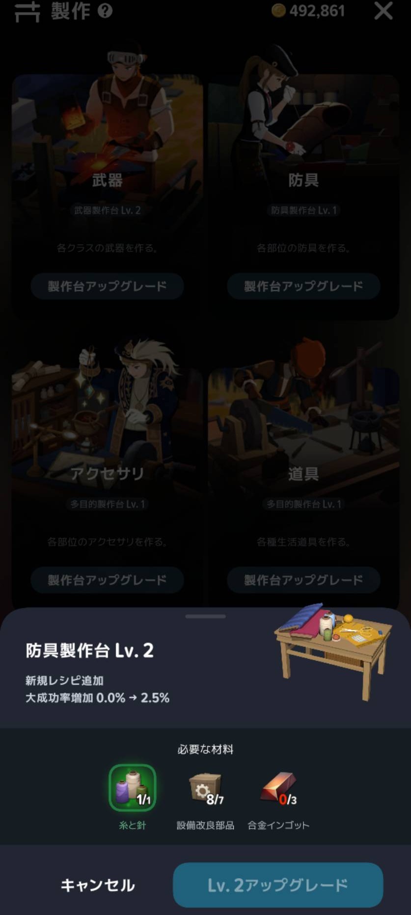 防具製作台Lv2の強化画面。糸と針1・設備改良部品7・合金インゴット3が必要
