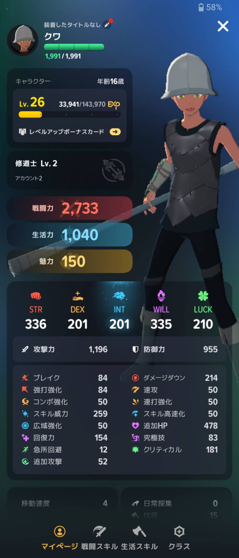 転職後のプロフィール。キャラクターLv26に対して、修道士のクラスレベルは2と表示されています。