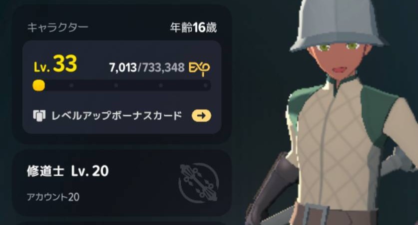 キャラクターLv33と修道士Lv20が別々に表示されるマイページ